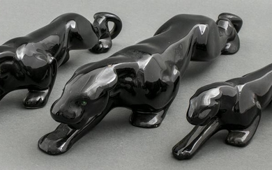 Modern Glazed Ceramic Black Jaguar Figures, 3 PCS.