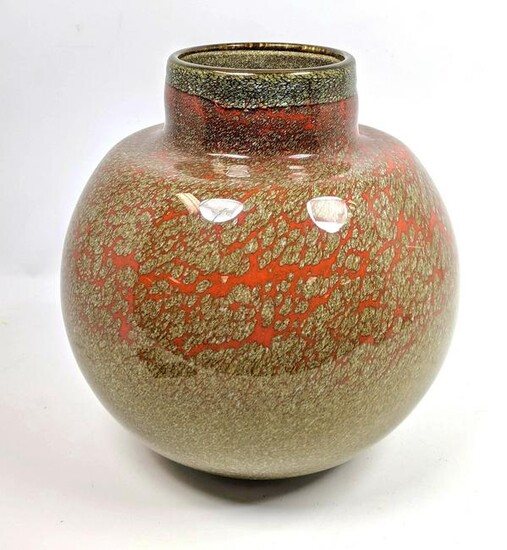 Modernist Large Bulbous Art Glass Vase. Mottled Red and