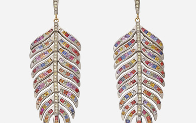 Multi-color sapphire, ruby, and diamond feather earrings