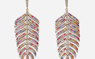 Multi-color sapphire, ruby, and diamond feather earrings