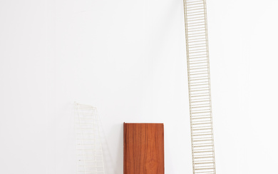 NILS & KAJSA STRINNING, a mid 20th century string shelf, teak and mahogany veneer and white and grey-lacquered gables.