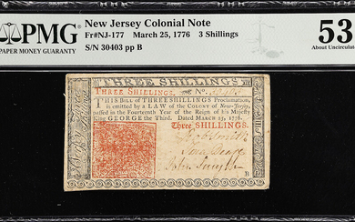 NJ-177. New Jersey. March 25, 1776. 3 Shillings. PMG About Uncirculated 53.