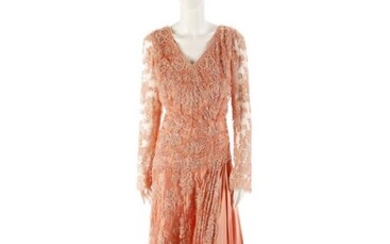 Autore non identificato, Haute couture long evening dress, in apricot silk and lace.