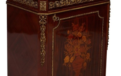 Napoleon III Style Marble Top Marquetry Music Cabinet, 20th c., shaped moulded variegated marble