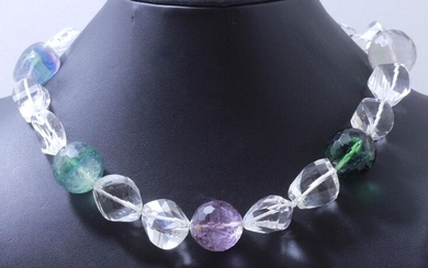 Necklace composed of a row of faceted and polished rock crystal and fluorite beads. It is embellished with a silver plated metal magnetic clasp. (grayish)