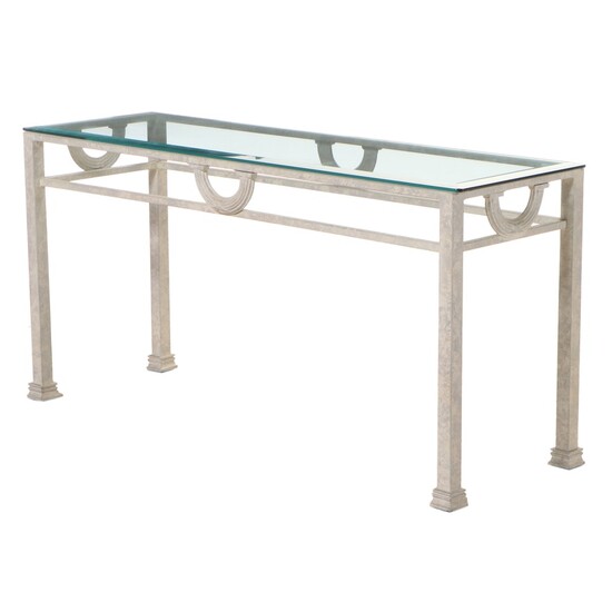 Neoclassical Style Patinated Metal and Glass Top Console Table