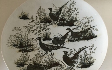 NOT SOLD. Nils Thorsson: Circular stoneware dish decorated with birds on white base. Signed monogram....