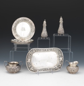 Nine Sterling Silver Pieces by Gorham, Durgin, S.Kirk & Son and Stieff, "Repousse" Pattern