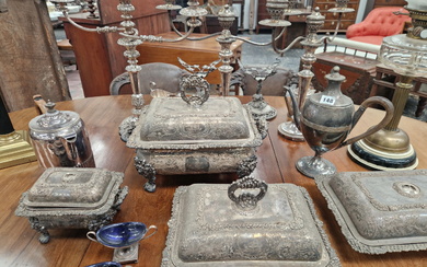 OLD SHEFFIELD AND OTHER PLATE: A PAIR AND A SINGLE CANDELABRUM, TWO COFFEE POTS, A CHOCOLATE POT