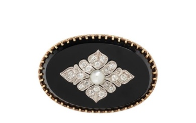 ONYX, DIAMOND AND CULTURED PEARL BROOCH