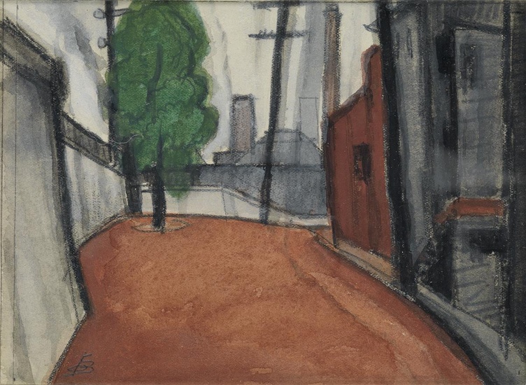OSCAR BLUEMNER Street View. Watercolor and pencil on paper, circa 1920. 175x128 mm;...