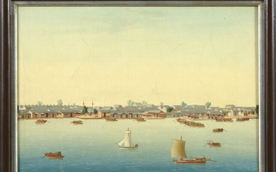Oil on canvas marouflaged on canvas "Port view in China". Work of a Jesuit in Nanking. Period: end of 18th - beginning of 19th century (?). Size: +/-43,5x60,5cm.