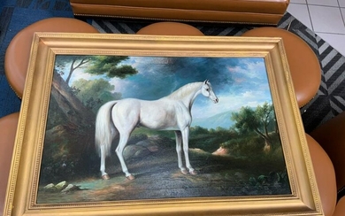 Oil on canvas painting of a white stallion