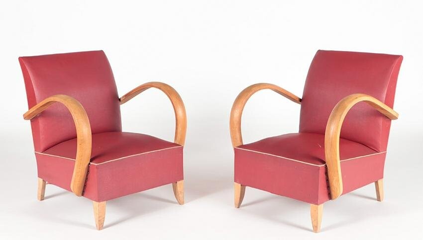 PAIR ART DECO ARMCHAIRS WITH ROLLED ARMS C 1935