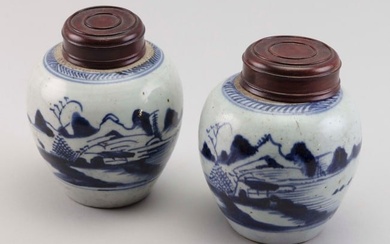 PAIR OF BLUE AND WHITE CANTON PORCELAIN JARS 19th Century Heights approx. 5".