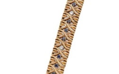 PAIR OF GOLD, SAPPHIRE AND DIAMOND EARCLIPS AND BRACELET, VAN CLEEF & ARPELS, FRANCE