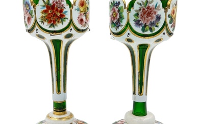 PAIR OF HAND-PAINTED BOHEMIAN GLASS LUSTRES A charming pair...