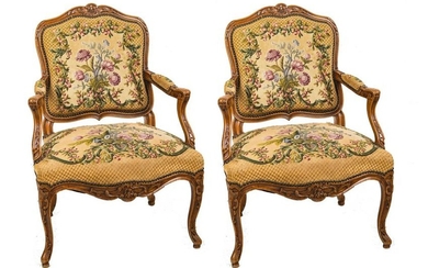 PAIR OF LOUIS XV STYLE CARVED WALNUT & UPHOLSTERED