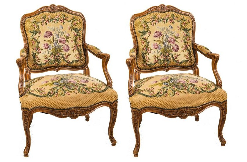 PAIR OF LOUIS XV STYLE CARVED WALNUT & UPHOLSTERED