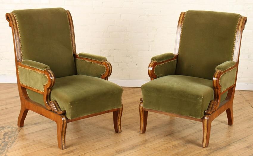 PAIR RUSSIAN UPHOLSTERED MAHOGANY ARM CHAIRS