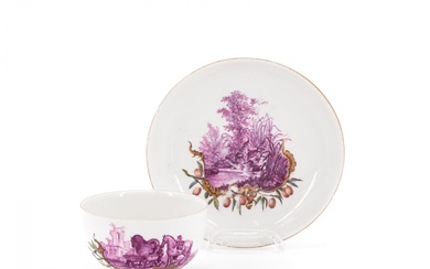 PORCELAIN CUP AND SAUCER WITH HUNTING SCENES IN PURPLE CAMAIEU