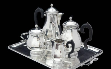 PROST - FRENCH ART DECO STERLING SILVER TEA / COFFEE SET WITH SERVING TRAY.