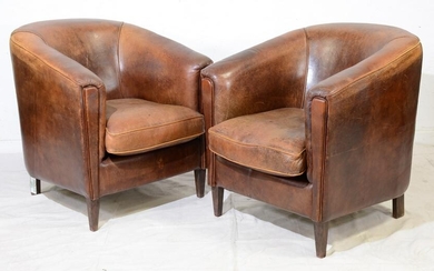 Pair 20th C. Dutch Sheep Leather Club Chairs