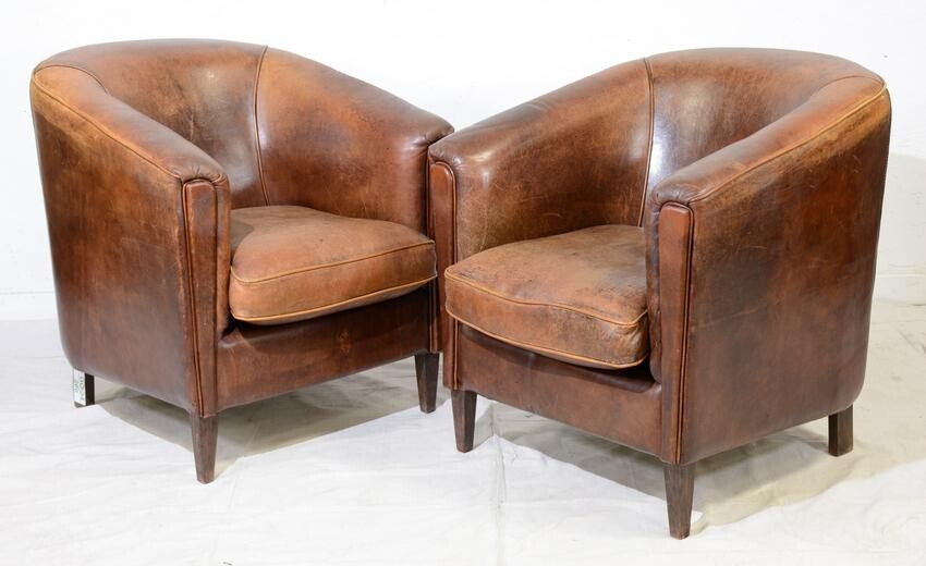 Pair 20th C. Dutch Sheep Leather Club Chairs