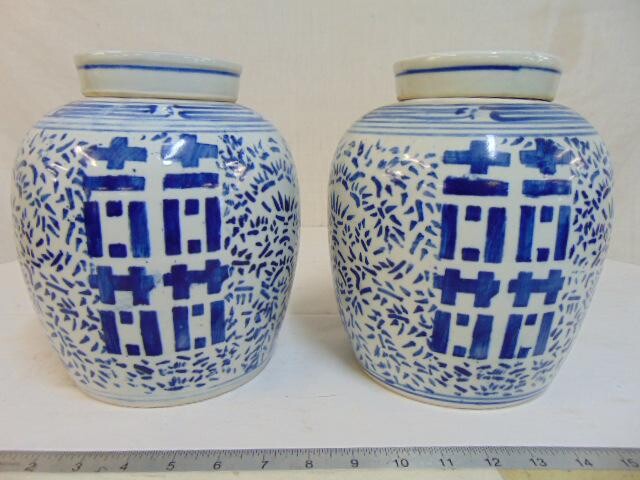 Pair Chinese blue & white ginger jars, porcelain double