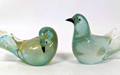 Pair Murano Glass Bird Sculptures. Gold Flecks.