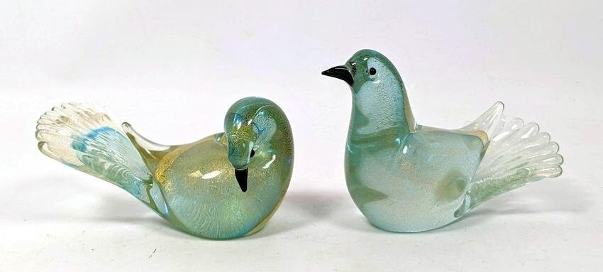 Pair Murano Glass Bird Sculptures. Gold Flecks.