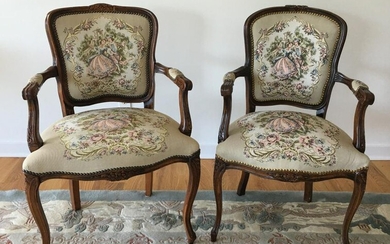 Pair Needlepoint Upholstered Arm Chairs