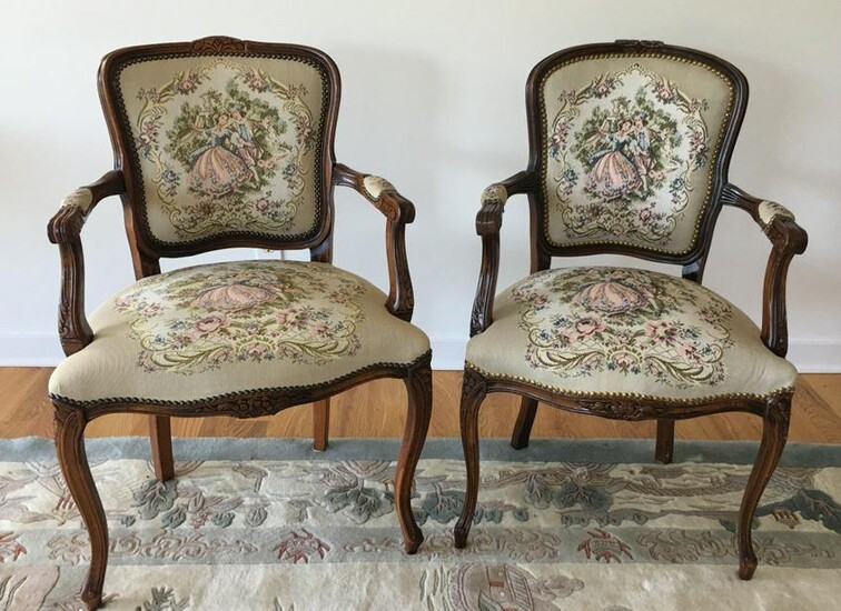 Pair Needlepoint Upholstered Arm Chairs
