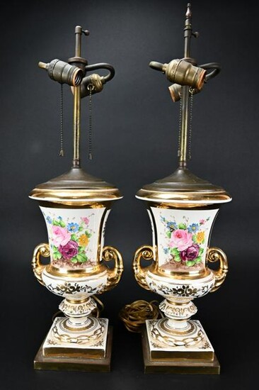 Pair Old Paris Floral Porcelain Table Lamps