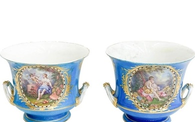 Pair Sevres France Hand Painted Porcelain Cache Pots or Jardinieres 19th cen