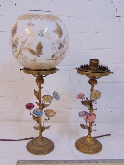 Pair floral decorated lamps with shade (one), brass
