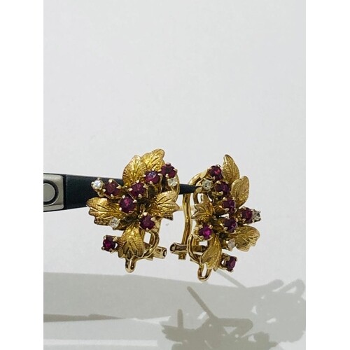 Pair of 14ct Yellow Gold Rubies and Diamonds Earrings, weigh...