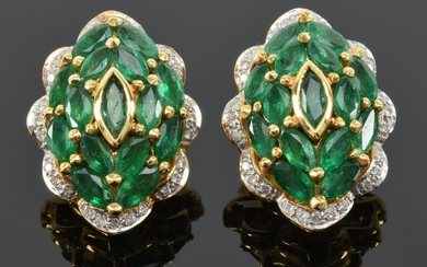 Pair of 18K gold diamond and emerald ear clips with
