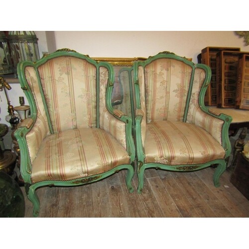 Pair of Antique Silk Upholstered Wingback Armchairs with Fre...