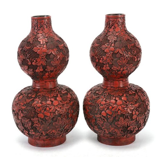 Pair of Chinese Cinnabar Double Gourd Vases.