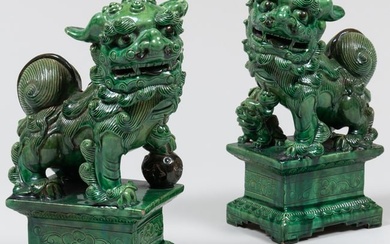 Pair of Chinese Green Glazed Pottery Buddhistic Lions