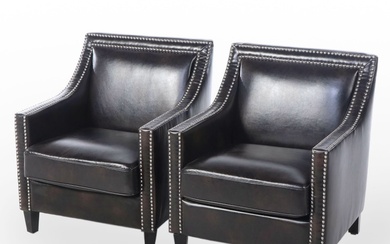 Pair of Contemporary Nailhead Trimmed Faux Leather Upholstered Club Chairs