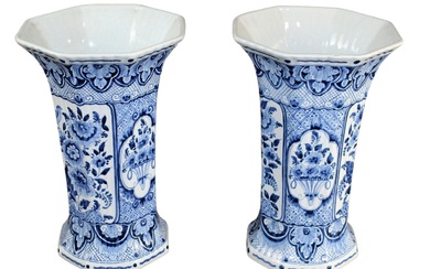 Pair of Delft blue & white ceramic octagonal vases