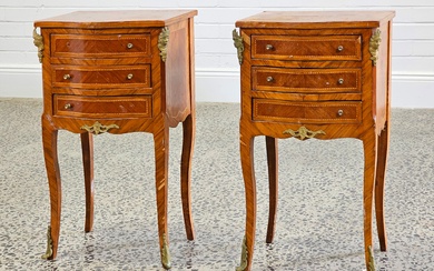 Pair of French style elevated bedside chests with three drawers and brass mounts (73 x 42 x 31cm)