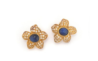 Pair of Gold, Cabochon Sapphire and Diamond Flower Earclips