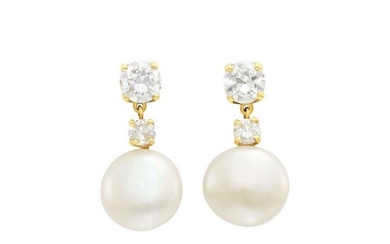Pair of Gold, Diamond and Freshwater Button Pearl Pendant-Earrings