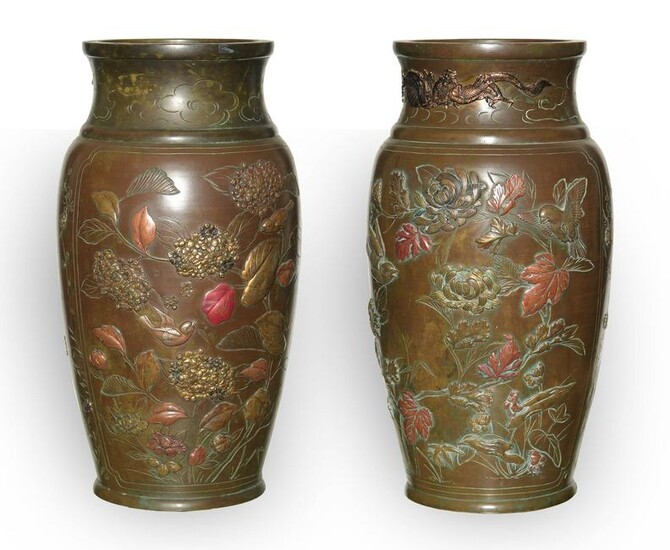 Pair of Japanese Mixed Metal Vases