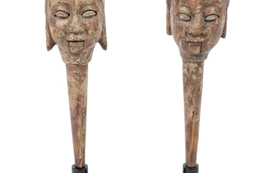 Pair of LARGE polychrome carved wood Burmese puppet heads with articulated eyes and mouth X2 20