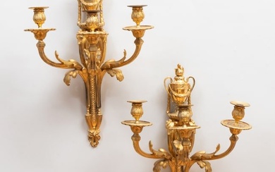 Pair of Large Louis XVI Style Ormolu Three-Light Sconces