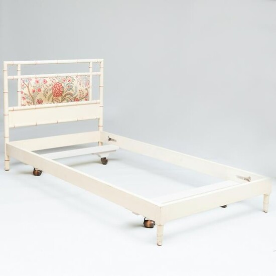 Pair of Painted Faux Bamboo and Upholstered Twin Beds